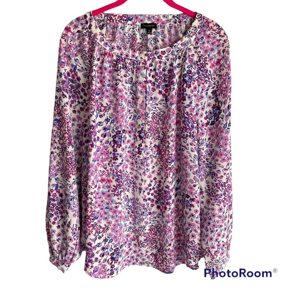 TALBOTS Ladies Purple‎ and Pinks Floral Long Sleeve Career Blouse, M